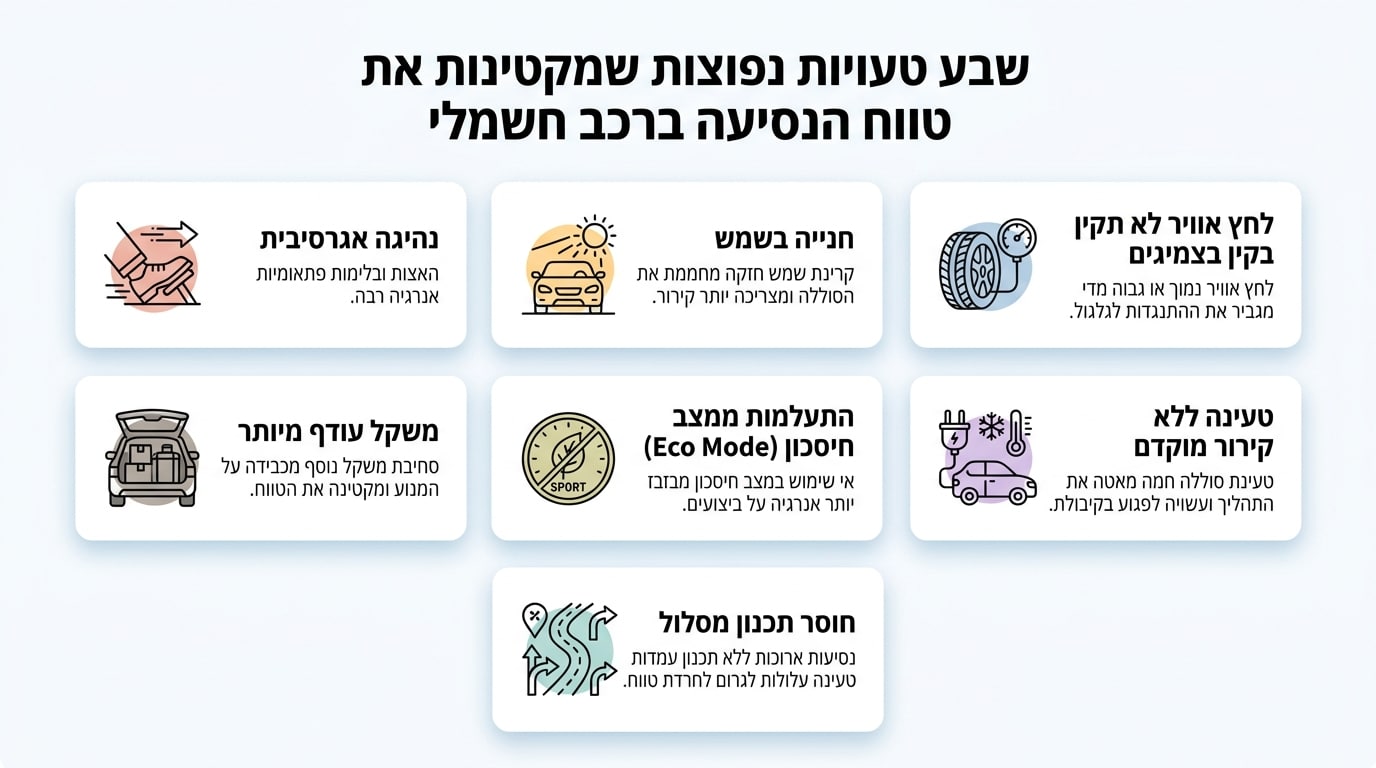 Checklist infographic for choosing an electric vehicle based on real-world range in Israeli conditions